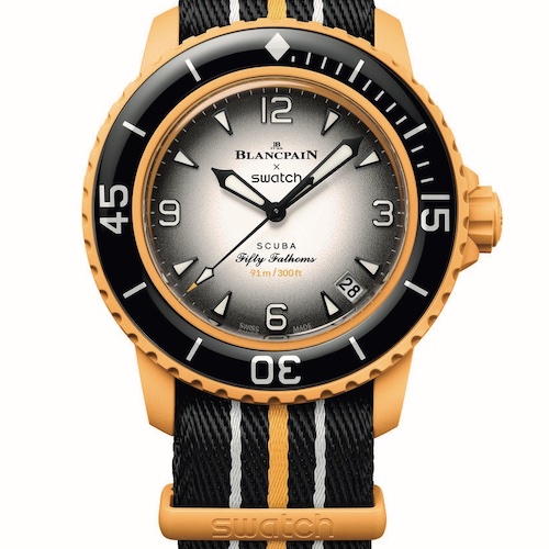Swatch Scuba Fifty Fathoms Pacific Ocean Soldat Das Modell Pacific Ocean besteht aus gelb-orangenem Bioceramic.