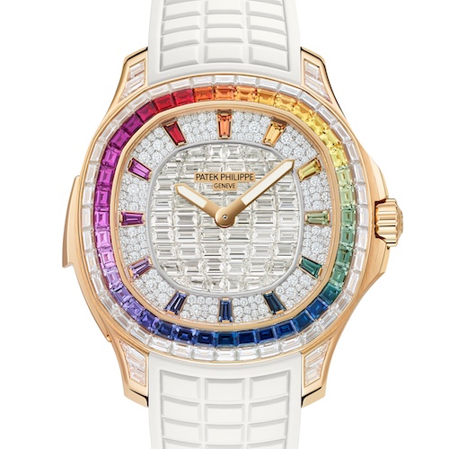 Patek Philippe Referenz 5260/355R-001 weißes Armband Das weiße Armband harmoniert mit der Zifferblattmitte aus unsichtbar gesetzten Baguetteschliff-Diamanten.