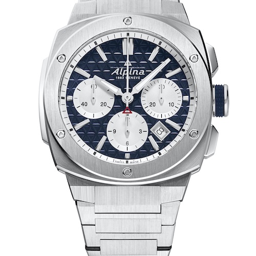 Alpina AL-730NS4AE6B Alpiner Extreme Chronograph Automatic Blau Das Datum befindet sich zwischen vier und fünf Uhr.