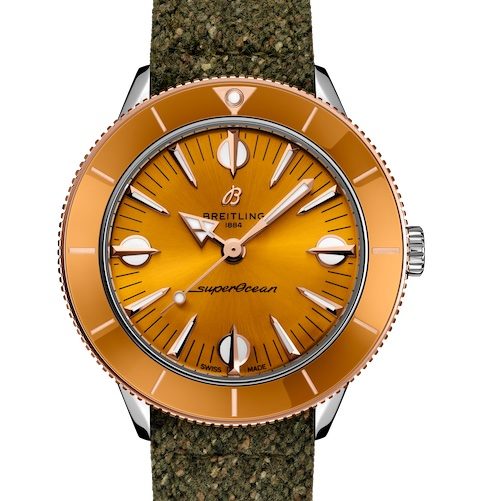 Breitling Superocean Heritage 57 Highlands Capsule Collection Senffarben Die senffarbene Version wird mit einem zusätzlichen grünen Textilband geliefert.