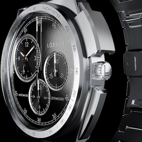 Löbner Steelracer Schwarz Der »Sledge« genannte Schieber über dem flachen Drücker des Chronographen.