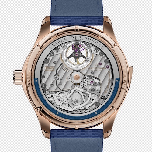 Manero Minute Repeater Anniversary 10925.03.94.12 Blau Die periphere Schwungmasse der Minutenrepetition mit Tourbillon besteht aus 18K Gold.