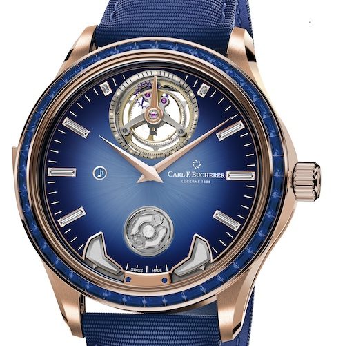 Manero Minute Repeater Anniversary 10925.03.94.12 Blau Die blaue Manero Minute Repeater ist mit 40 Saphiren im Baguetteschliff besetzt.