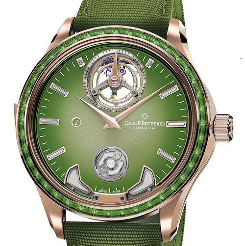 Manero Minute Repeater Anniversary 10925.03.94.12 Die Lünette der Carl F. Bucherer Minutenrepetition ist mit 40 Tsavoriten im Baguette-Schliff besetzt.