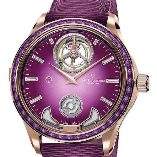 Manero Minute Repeater Anniversary 10925.03.94.12 Front Violett Die violette Minutenrepetition mit Tourbillon ist mit 40 Amethysten im Baguette-Schliff besetzt.