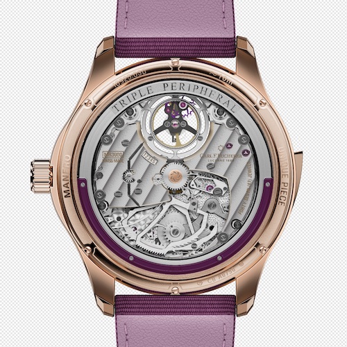 Manero Minute Repeater Anniversary 10925.03.94.12 Violett Das automatische Kaliber CFB MR3000 bietet eine Gangautonomie von 65 Stunden.