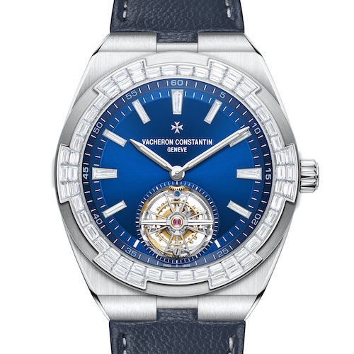 Vacheron Constantin Overseas Tourbillon Haute Joaillerie 6007V-210G-B955 Kalbslederband Das Kalbslederband der Vacheron Constantin Overseas ist mit grauen Nähten versehen.