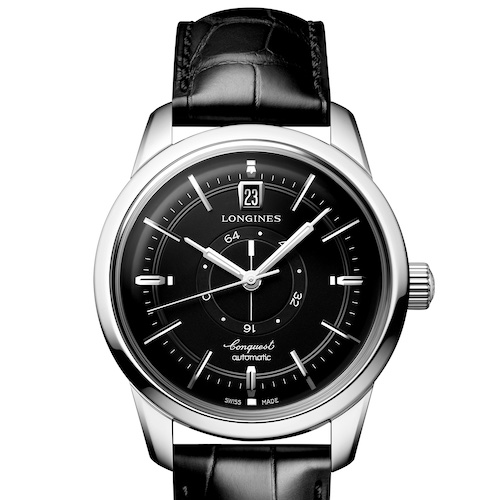 Longines Conquest Heritage Central Power Reserve Schwarz Das schwarze Zifferblatt besitzt versilberte Zeiger und Indizes.