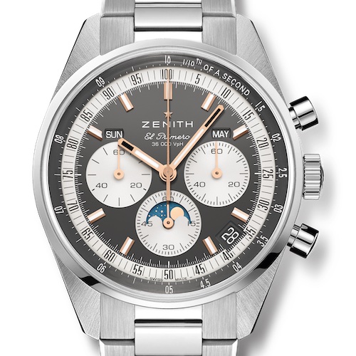 Zenith Chronomaster Original Triple Calendar Graues Zifferblatt Edelstahlband Der Zenith Chronomaster Original Triple Calendar besitzt rosévergoldete Zeiger und applizierte Indizes.