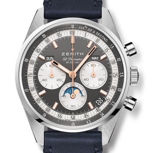 Zenith Chronomaster Original Triple Calendar Graues Zifferblatt Lederband Das schiefergraue Zifferblatt besitzt silberweiße Zähler.