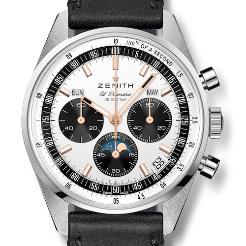 Zenith Chronomaster Original Triple Calendar Pandazifferblatt Lederband Das silberweiße »Panda«-Zifferblatt besitzt schwarze Zähler.