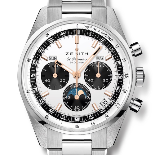 Zenith Chronomaster Original Triple Calendar Pandazifferblatt Stahlband Das Edelstahlgehäuse entspricht den Proportionen der A386 von 1969.