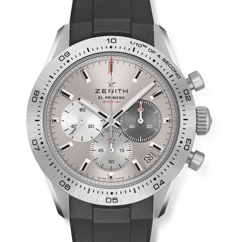 Zenith Chronomaster Sport Titanium Kautschukband Die Chronographenzähler sind in Anthrazit, Grau und Silber gehalten.