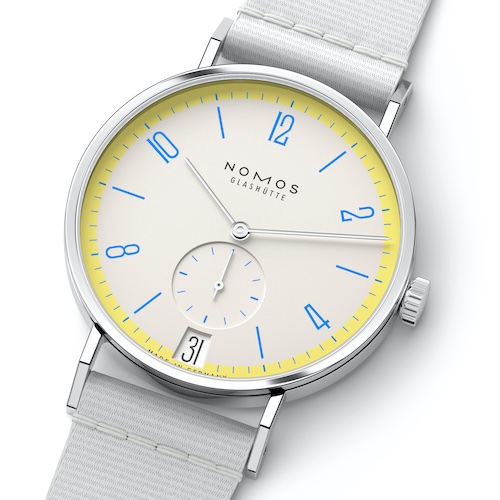 Nomos Glashütte 10 Tangente 38 Datum Lemonbiscuit Dieses cremige Gelb hat seinen Namen vom Lieblingsnachmittagssnack des alten Lieblingsonkels einer Nomos-Uhrmacherin.