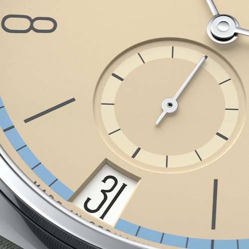 Nomos Glashütte Tangente 38 Datum Ariel Die Farbkombination von gemahlener Haselnuss und Hellblau entfaltet ihre komplexe Wirkung bei der Tangente Datum Ariel.