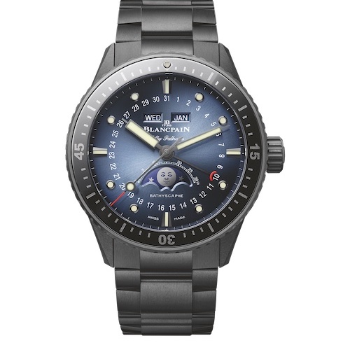Blancpain Bathyscaphe Complete Calendar Moon Phase Blau Die Blancpain Bathyscaphe mit blauem Zifferblatt und Keramikband.