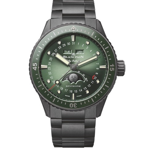 Blancpain Bathyscaphe Complete_Calendar Moon Phase Grün Die Blancpain Bathyscaphe Vollkalender mit grünem Zifferblatt.
