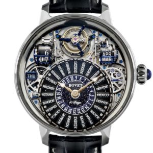 Zusätzlich verfügt das Récital 28 Prowess 1 von Bovet 1822 über ein erweitertes fliegendes Tourbillon, einen Ewigen Kalender mit Rollenanzeigen und eine beeindruckende Gangreserve von zehn Tagen aus einem einzigen Federhaus.