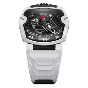 Die Urwerk UR-230 Polaris besteht aus einem Material, das weiß schimmert.