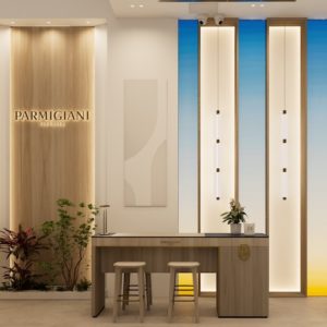 Das Interieur der Parmigiani Boutique ist von der vertikalen Fassade inspiriert.