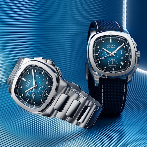 Der Mido Multifort TV Chronograph wird mit einem zusätzlichen Band aus blauem Synthetikstoff geliefert.