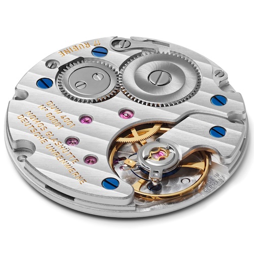 DUW 4001 Handaufzug Das Handaufzugwerk Nomos DUW 4001 ist in sechs Lagen reguliert.