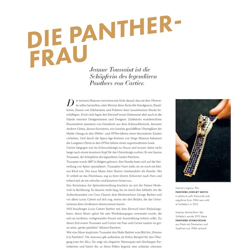 Pantherfrau Jeanne Toussaint | © Getty Images Jeanne Toussaint schuf den Panther von Cartier und wurde die erste Kreativdirektorin der Schmuckbranche.