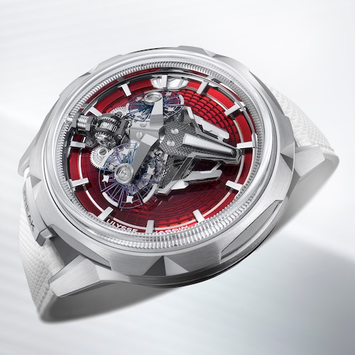 Ulysse Nardin Freak S Enamel rot Gehäuse, Arretierung, Lünette und der Gehäuseboden mit einem Saphirglasfenster sind aus Titan gefertigt.