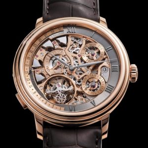 Die blattförmigen Stunden- und Minutenziger sind aus geschwärztem Gold gefertigt.