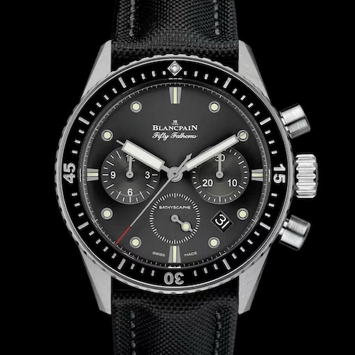Blancpain Fifty Fathoms Bathyscaphe Flyback Chronograph Der Blancpain Fifty Fathoms Bathyscaphe Flyback Chronograph mit dem F385 wurde im Jahr 2014 vorgestellt.