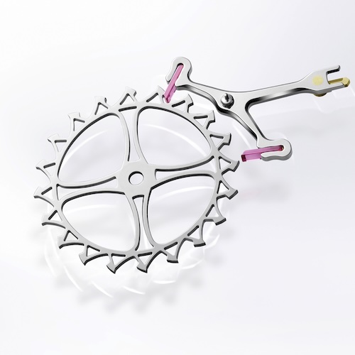 Chronergy-Hemmung Das Hemmungsrad ist durchbrochen und daher leichter, was die Trägheit reduziert und die Energieübertragung optimiert