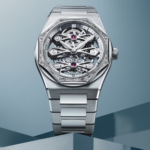 Die Girard-Perregaux Laureato Three Bridges ist auch mit Diamanten auf der Weißgold-Lünette erhältlich.