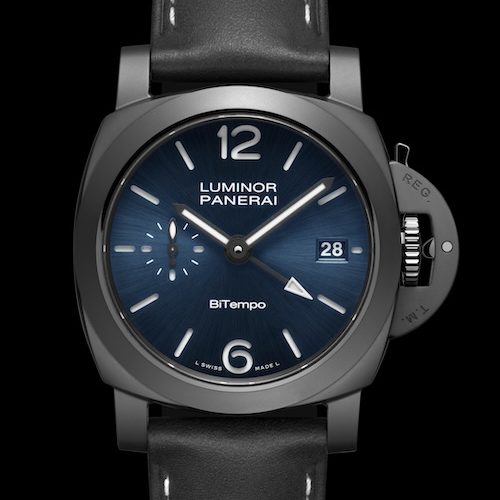 Panerai Luminor GMT Ceramica PAM01783 Kalbslederband Das schwarze Kalbslederband ist mit weißen Nähten versehen.