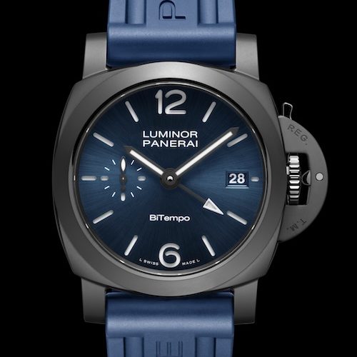 Panerai Luminor GMT Ceramica PAM01783 Kautschukband Die trapezförmige Titanschließe lässt sich zwischen den beiden Bändern tauschen.