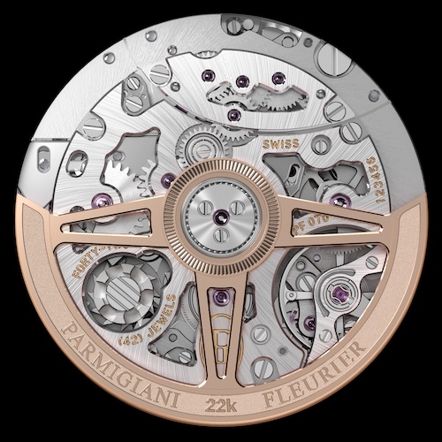 Parmigiani Fleurier Chronograph Calibre PF070 Das Hochfrequenz-Kaliber PF070 von Parmigiani Fleurier wurde im Jahr 2021 vogestellt.