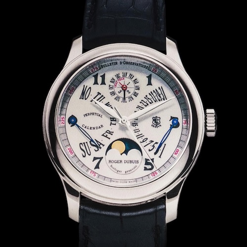 Roger-Dubuis-1995_first watch after founding maison_Biretrograde Perpetual Calendar with chronograph fun ctionjpg Die 1969 vorgestellte Hommage von Roger Dubuis besaß neben einem Ewigen Kalnder und einer bi-retrograden Anzeige auch einen Chronographen.