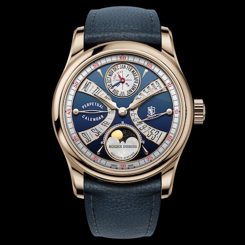 Roger Dubuis RDDHO38 Hommage La Placide Front Die halbkreisförmiger Skalen der Kalenderanzeige erinnern an das Originalmodell von 1996.