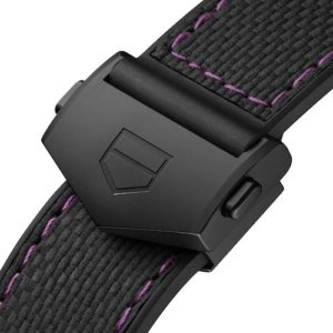 Das Hybridband aus Kautschuk und Kalbsleder besitzt eine violette Ziernaht.