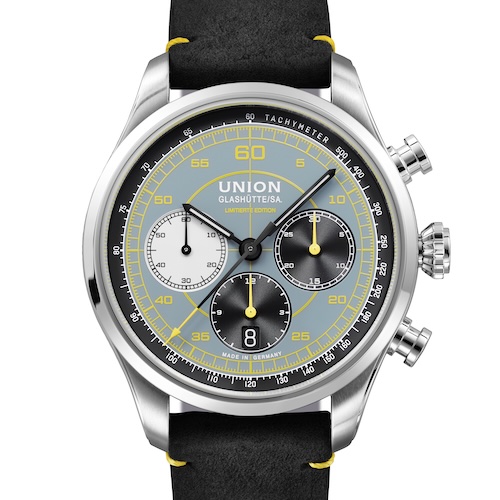 Der Belisar Chronograph Speedster mit einem Wechselband aus schwarzem Kalbsleder.