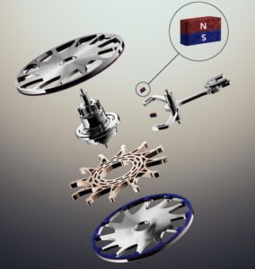 Die magnetische Hemmung entkoppelt die auf die Unruh übertragenen Impulse von der Drehung des Hemmungsrades und damit dem Rest des Räderwerks.