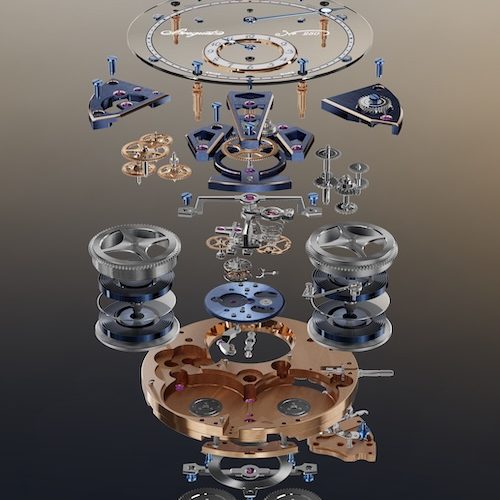 Breguet Tourbillon Kaliber 7250 Explosionszeichnung Das Breguet Kaliber 7250 besteht aus 266 Komponenten und ist bis 500 Gauss magnetfeldresistent.