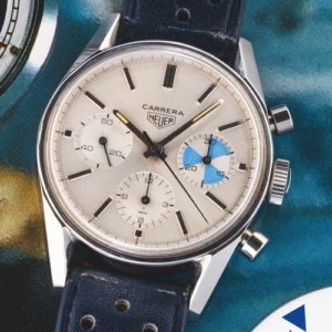 Das 30-Minuten-Hilfszifferblatt der Carrera »Yachting« mit drei blau lackierten Segmenten, die jeweils fünf Minuten anzeigen.