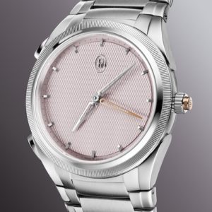 Der zweite Minutenzeiger und dier Drücker in der Krone zum Rückstellen sind aus Roségold gefertigt.