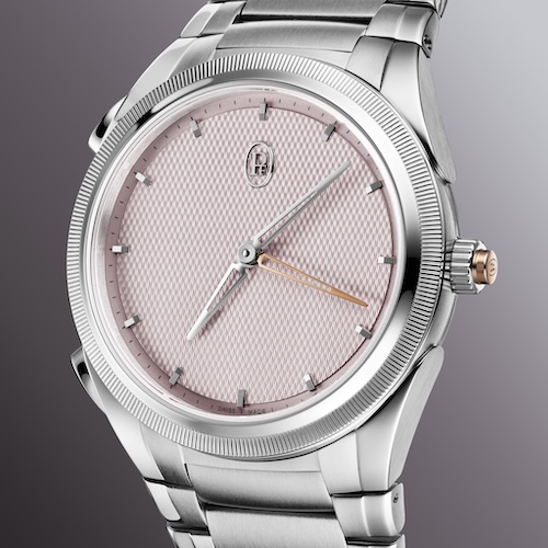 Der zweite Minutenzeiger und dier Drücker in der Krone zum Rückstellen sind aus Roségold gefertigt.