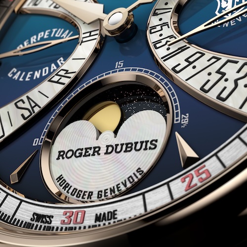 Die Mondphasenanzeige mit goldenen Monden ist auf einem Zifferblatt aus Aventurin positioniert.