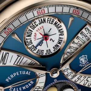 Monat und Schaltjahr des Ewigen Kalenders werden auf einem gemeinsamen Hilfszifferblatt angezeigt.