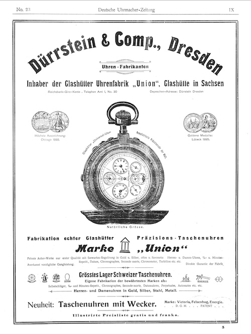 In der Deutschen Uhrmacher Zeitung Nr.23 von 1901 wurde die Universal-Uhr« beworben.