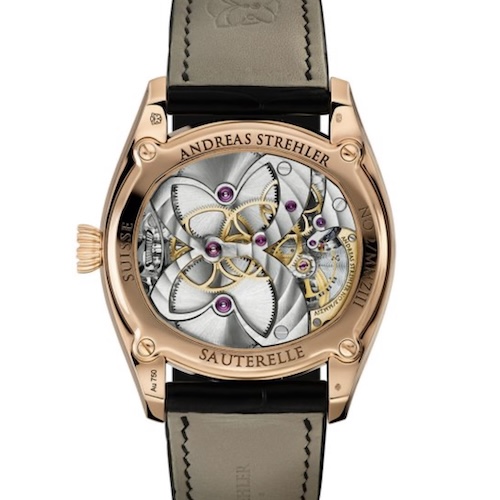 Andreas Strehler Sauterelle à Lune Perpetuelle Boden Die Mondphasenanzeige der Sauterelle à Lune Perpetuelle weicht erst nach zwei Millionen Jahren um einen Tag ab.