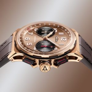 Auch die Chronographendrücker im durchbrochenen Mittelteil des Gehäuses sind aus Karbon gefertigt.