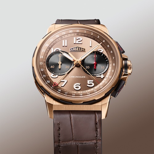 Angelus Chronodate Moka Edition Gold Alligatorleder Das Gehäuse ist eine Konstruktion aus Rotgold in Kombination mit einem Karbonverbundwerkstoff.